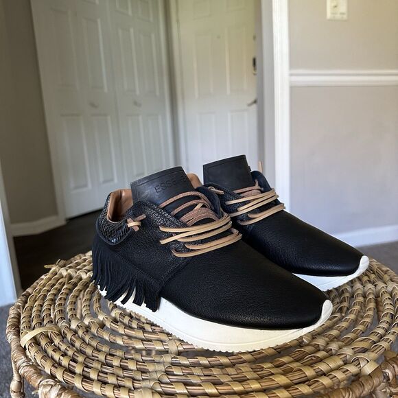 ESSEUTESSE Leather Fringe Black Sneakers Comfort Slip On Size 38 Handmade Italy - Picture 3 of 14